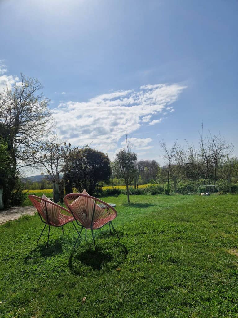Deux fauteuils roses sur la pelouse verdoyante du jardin