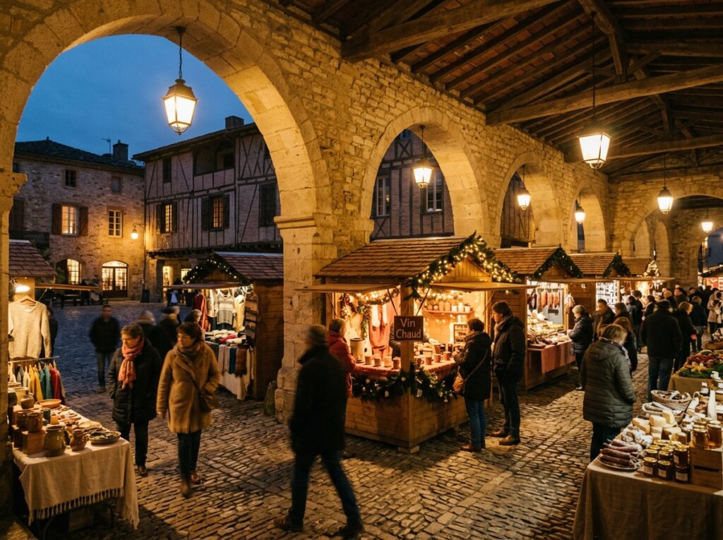 Stands artisanaux sous les arcades d'une bastide du sud-ouest