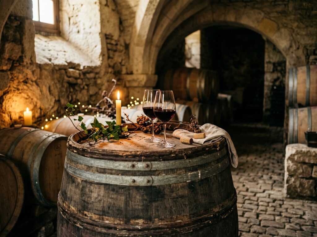 Tonneau de vin en bois entouré de lumières douces dans une cave voûtée